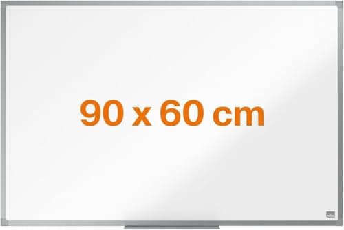 Image of Nobo Steel Magnetic Whiteboard, 900 x 600mm, Aluminium Trim, Corner Wall Mounting, Includes Whiteboard Pen Tray, Essence Range, 90 x 60cm, White, 1905210