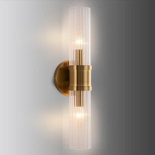 Image of FTL Vintage Wall Lights, Indoor 2-Light Wall Sconce with Clear Striped Glass Shade, Gold Bedside Wall Mounted Lamp Fixture, E14 Inside Lighting for Bathroom Living Room Porch, Hardwired