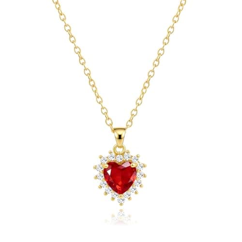 Image of Weviway 14K Gold Plated Heart Garnet Pendant Necklace for Women, Cubic Zirconia Love Necklace, Birthday Mothers Day Gifts for Mum Wife