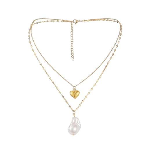 Image of Baroque Gold Freshwater Pearl Long Pendant Necklace Paperclip Toggle Drop Stainless Steel Necklace For Women Double Layered Necklace