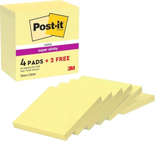 Image of Post-it Super Sticky Notes, 540 Sheets, 76 mm x 76 mm - Holds Strong to Many Surfaces - Canary Yellow - for Walls, Monitors and Fridge, Recycable