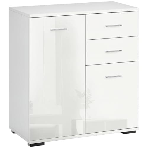 Image of HOMCOM Sideboard, Modern Storage Cabinet with 2 Drawers, 2 Doors and Adjustable Shelf, Kitchen Cabinet for Living Room, Dining Room, High Gloss White