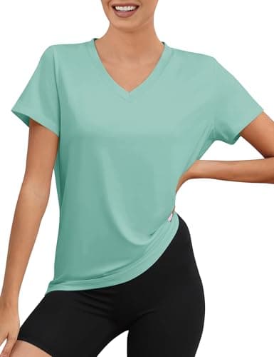 Image of Rapbin Women's Summer Sports Tops V Neck Quick Dry Workout Running T-Shirt with UV Protection UPF 50+ Breathable Loose Fit Activewear(Grey Green,M)