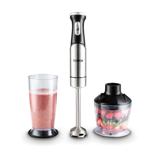 Image of Tower 3-in-1 Hand Blender with 1200W Motor, Pressure Controlled Speed Settings, Stainless Steel Blades, Food Chopper & 800ml Beaker, Stainless Steel, T12099
