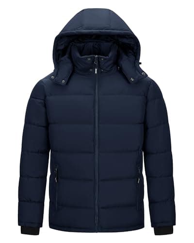 Image of Outdoor Ventures Men's Lightweight Jacket Waterproof Pufferjacket Warm Winterjacket Downjackets Winter Parka with Lined Detachable Hood Stand-up Collar Dark Blue L