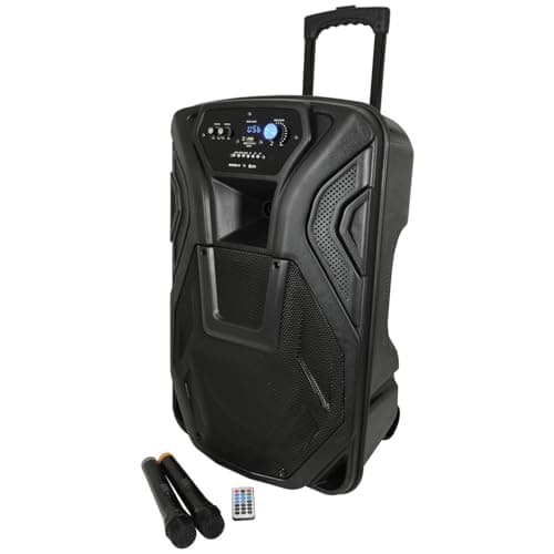 Image of QTX Busker 15 Portable PA System with Wireless Microphones & Remote Control Bluetooth Trolley Speaker, Battery-Powered Loudspeaker for Karaoke, Outdoor Events, Mobile DJs & Party Entertainment