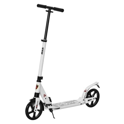 Image of HOMCOM Folding Kick Scooter, Adjustable Ride On Scooter with 200mm Big Wheels and Double Shock Absorption, Urban Scooter for 14+ Teens Adult, White