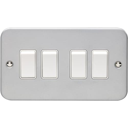 Image of 4 Gang Quad Light Switch 2 Way 10A Heavy Duty Metal CLAD - White Trim & Rocker - Decorative Kitchen Living Room Bedroom Plate