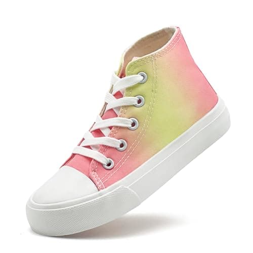 Image of sharllen Girls Trainers High Top Kids Canvas Shoes Boys Lace up Fashion Sneakers Lightweight Breathable School Pumps Casual Tennis Shoes for Little/Big Kids(Pink Yellow 219)