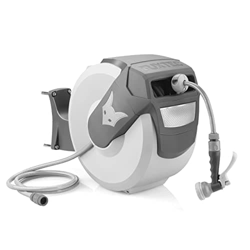 Image of FUXTEC FX-WSA20G Retractable Hose Reel 20m 1/2" | Automatic Wall Mounted Garden Hose Reel | 180° Swivel | Self Retracting System | Includes Spray Gun & Fittings | Heavy Duty Grey