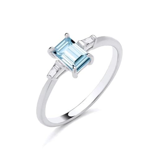 Image of Old English Jewellers 9ct White Gold Aquamarine and Baguette Cut Diamond Solitaire Ring size K to S (K)