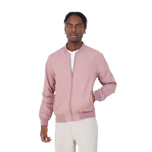 Image of BRAVE SOUL Mens Bomber Jacket Smart Casual Full Zip Up Long Sleeve 100% Polyester Outdoor Jacket for Men, Pink Colour, Size- L