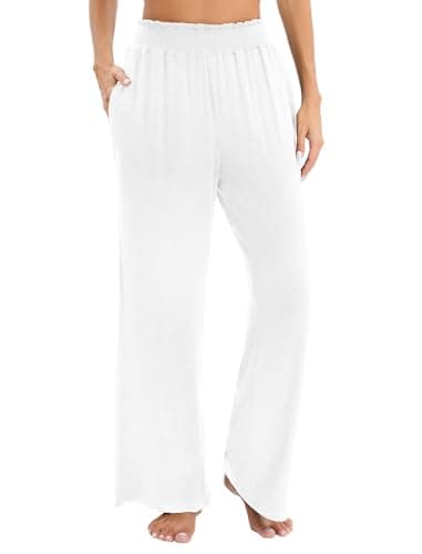 Image of Famulily Ladies Soft Casual Wide Leg Trousers with Pockets, Elasticated Waist Loose Fit Lounge Pants (XL, Cream Colour)