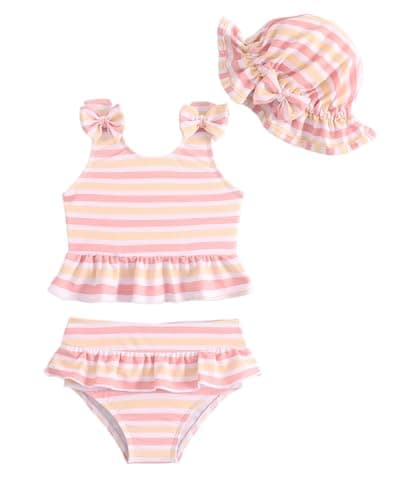 Image of Baby Girls' Tankini Swimsuit Set 9M-3T, 3-Piece Toddler Swimming Costume Rash Vest with Hat, Cute Infant Bikini Swimwear with Ruffle Bottoms, Yellow Striped 9-12 Months