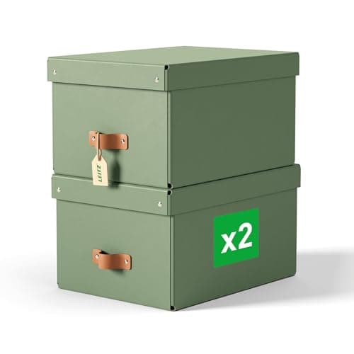 Image of Leitz Puro Medium Storage Box with Lid – Set of 2 Durable Storage Boxes, Compatible with Cube Units & Shelves, 17L Stackable Organiser, Suitable for Home & Office (27 x 37 x 20cm, Sage Green)
