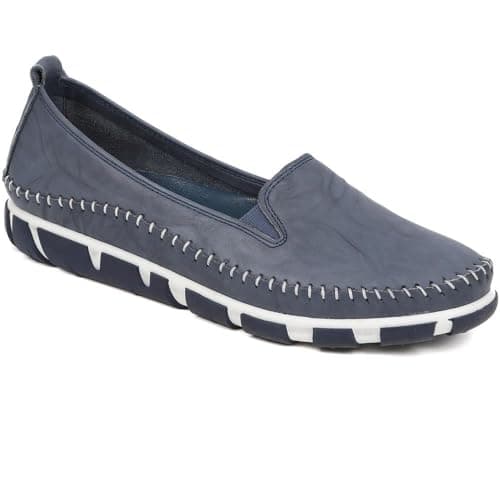Image of Pavers Womens Leather Slip-On Pumps in Navy Blue - Comfortable Everyday Shoes - Smart Casual Slip-On Shoes for All-Day Wear - UK Size 6