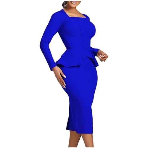 Image of Zeiayuas Elegant Square Neck Ruffle Midi Dress for Women UK - Long Sleeve Work Office Formal Bodycon Ladies Plain Wrapped Pencil Blue