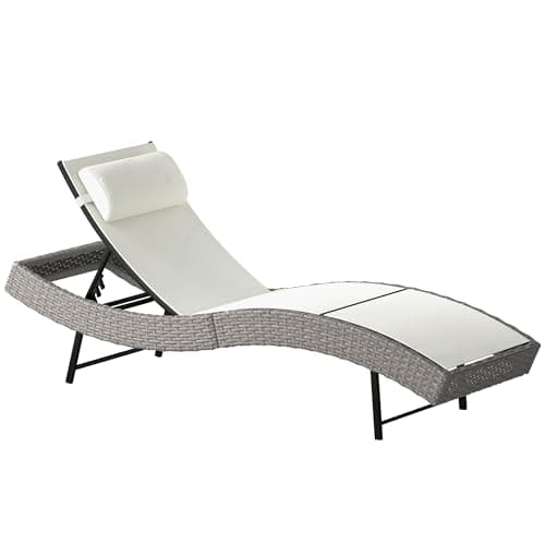 Image of Outsunny Rattan Sun Lounger, 5 Position Adjustable Garden Lounger Recliner with S Shaped Texteline Seat and Headrest, Reclining Outdoor Sunbed with Metal Frame for Patio, Terrace, Cream White