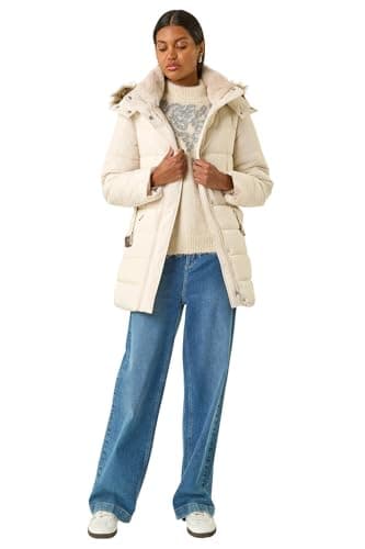 Image of Roman Quilted Padded Coat for Women UK - Ladies Parka Winter Jacket Faux Fur Trim Hooded Short Autumn Waterproof Water Resistant Everyday Holiday Comfy Work - Cream - Size 10