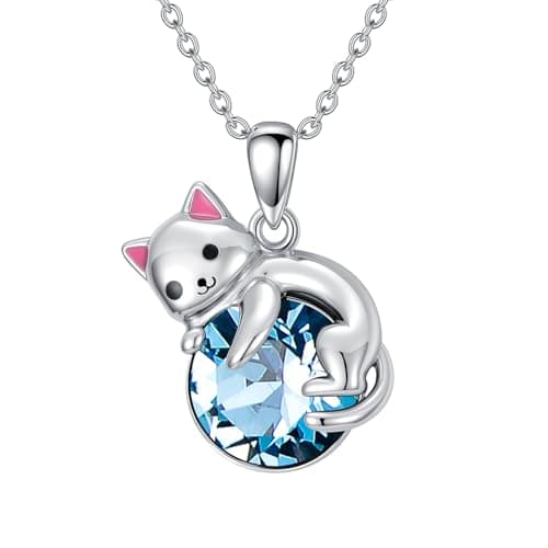 Image of enjoylifecreative Cat Necklace with March Birthstone S925 Sterling Silver Cat Pendant Necklace Birthday Christmas Jewellery Gifts for Women Cats Lovers