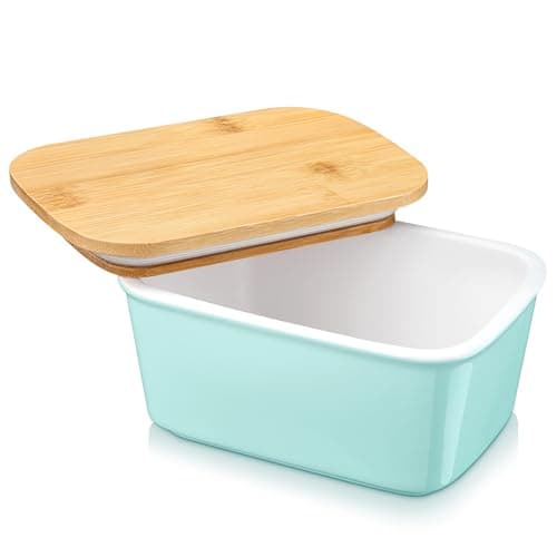 Image of LOVECASA Butter Dish, Porcelain Butter Container with Wooden Bamboo Lid, French Butter Dish,Removable Silicone Seal, 500ml Blue