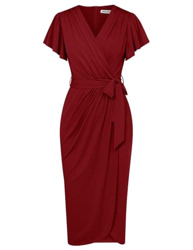 Image of GRACE KARIN Women’s Red Dress - Valentine’s Day Formal Wrap V Neck Short Sleeve Maxi Dress - Size 16