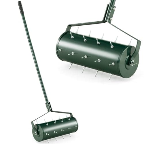 Image of COSTWAY Garden Rolling Lawn Aerator, 45cm/53cm Manual Grass Spikes Roller with Fillable Drum & 130cm Detachable Handle, Heavy Duty Steel Rotary Push Pull Tine Garden Lawn Tool (45 x 14 x 130cm, Green)