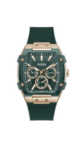 Image of Guess Mens Phoenix Watch GW0956G2 43mm Stainless Steel Gold Black Square Case Quartz Mineral Glass Hardened 5ATM Silicone Strap