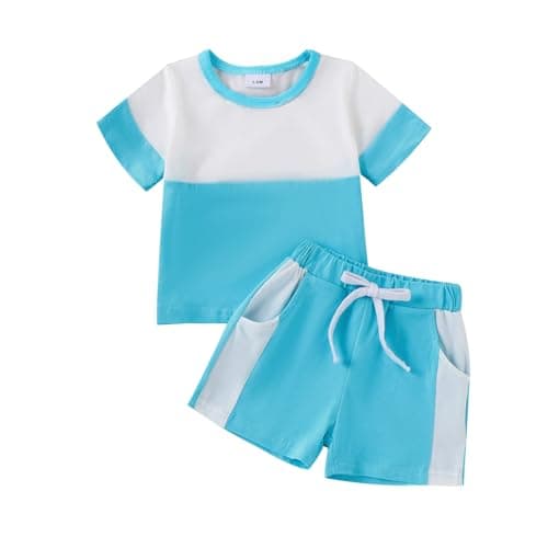 Image of XIXIMAON Baby Boy Summer Clothes Short Sleeve Contrast Color Patchwork Top Shorts Set For Toddler Boys Shorts Tracksuit Set (Sky Blue, 9-12 Months)