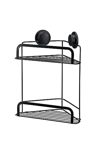 Image of Croydex Stick 'N' Lock Two Tier Black Shower Caddy - Corner Shower Shelf No Drilling Bathroom Storage Solution with Sticky Pad Easy-Clean 5 Year Rust-Free Guarantee, Mild Steel