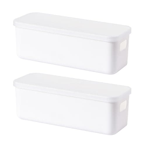 Image of 2 Pcs Plastic Storage Box with Lid, Small Storage Baskets with Handles, White Storage Boxes with Lids Bathroom Storage Baskets Kitchen Cupboard Organiser for Kitchen, Office, Bathroom (28×10×9.5cm)
