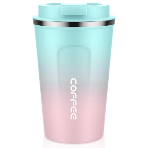Image of MOMSIV Coffee Cup, 380ml Vacuum Reusable Leakproof Double Wall Coffee Cup, Insulation Stainless Steel Eco-Friendly Travel Office Mug for Hot Coffee Tea and Cold Drinks, Green-Pink