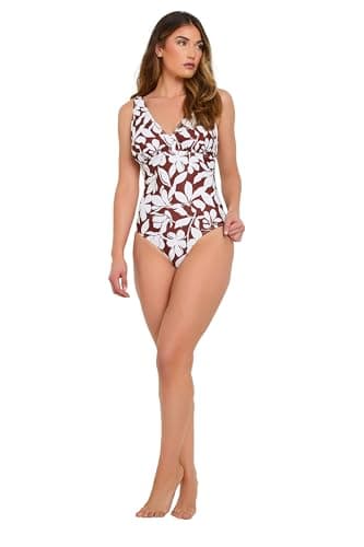 Image of Long Tall Sally - LTS Tall Rust Orange Floral Print Wrap Swimsuit - Women's