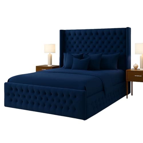 Image of Atomic Sleep Luxury Chesterfield Wingback Bed Frame - Upholstered in Plush Velvet Fabric with Mattress/Gas Lift Option - UK Made (Navy Blue Plush, Double 4ft6 without mattress)