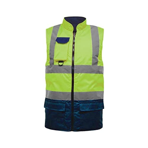 Image of Hi Vis Viz Padded Reversible Fleece Lined Bodywarmer, Hi-Vis Safety High Visibility Gilet Waistcoat Waterproof Two Tone Reflective Tape Workwear Vest UK Plus Size S-5XL, Yellow Navy-M