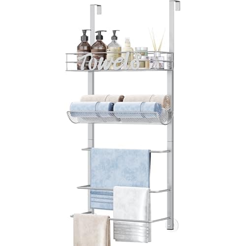 Image of SWTYMIKI Over Door Towel Rack - 5 Tier Towel Storage Rack Wall Mounted with Metal Shelf, Over Door Towel Rail, Space-Saving Bathroom Towel Storage, Multi-Functional Bathroom Accessories, Silver