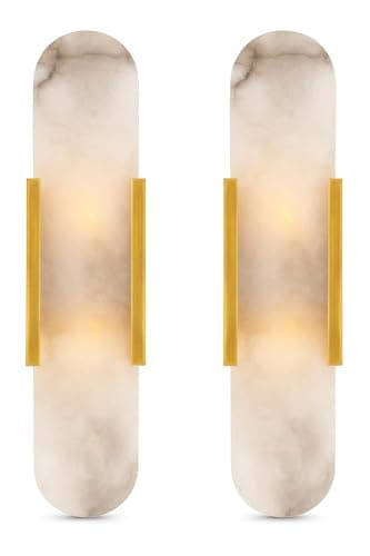 Image of Natural Alabaster Wall Sconce Set of 2 – Modern Marble Wall Lamp for Bedroom, Bathroom Vanity, Living Room, Hallway & Staircase – Stone Alabaster Lamp Lighting Fixture(Gold,35cm)