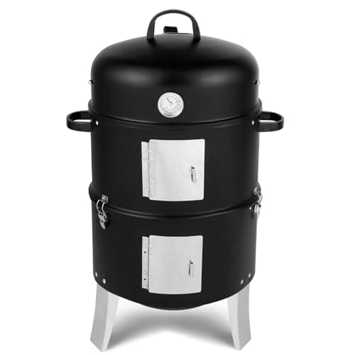 Image of Bonnlo Charcoal BBQ Smoker Grill, 3-in-1 Heavy Duty Barbecue Smoker with Lid, Adjustable Vent, Integrated Thermometer for Outdoor Camping Party, Black