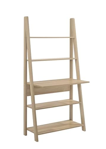 Image of Tall Ladder Desk with Five Tier Shelves Space Saving Home Office Furniture Oak Finish