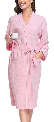 Image of Vlazom Waffle Dressing Gowns Soft Unisex Bathrobe Lightweight Kimono Robes for All Seasons Spa Hotel Home Pink, M