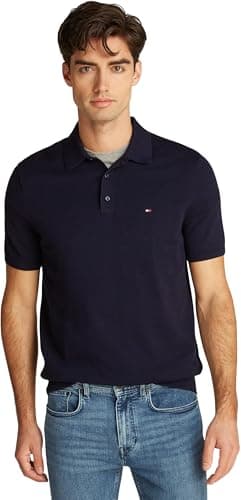 Image of Tommy Hilfiger Men’s Short Sleeve Essential Cotton Knitted Dick Polo Shirt, Blue (Desert Sky), L