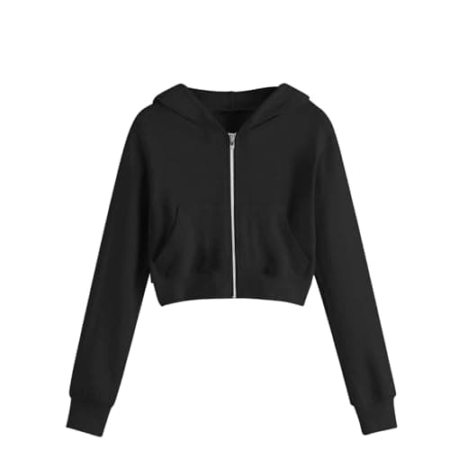 Image of duxyoz Black Girls Casual Zipper Up Sweatshirts Crop Jackets For Teens Kids Long Sleeve Hooded Sweatshirt With Pockets Loose Fit Full Zip Hoodie Fashion Warm Cropped Hoodies Coat 11-12 Years