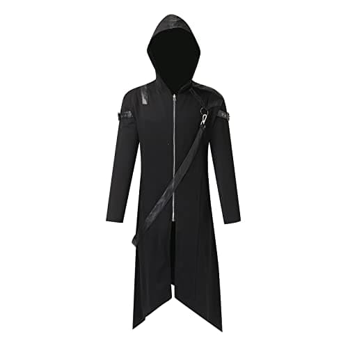 Image of Beokeuioe Men's Jacket Assassins Creed Costume Vintage Medieval Gothic Leather Jacket Robe Hoodie Cape Fancy Dress for Festival Carnival Cosplay Party Cosplay, black 1, L