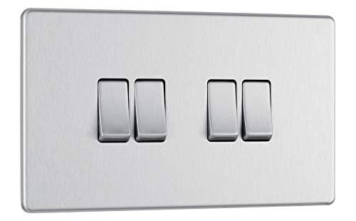 Image of BG Electrical Quadruple Wall Light Switch, 2 Way, Screwless Front Plate, Slim Profile, Premium Flatplate, Brushed Steel, 20A, 16AX, FBS44