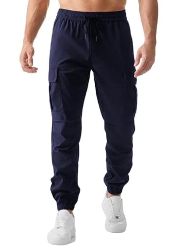 Image of Elegancity Mens Cargo Work Combat Trousers Regular Fit Casual Jogging Pants Drawstring Sweatpants with Pockets (Blue, L)