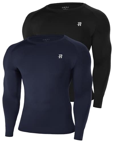 Image of Runhit Men's Compression Long Sleeve Top, 2 Pack Thermal Base Layer Shirts Breathable Undershirt for Cycling Football Outdoor Sports Black+Navy Blue S