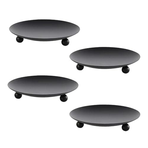 Image of Round Metal Candle Holder Plates, Set of 4 Black Traditional Pillar Candles Dishes, Decorative Candle Holders for Wedding Church Decor