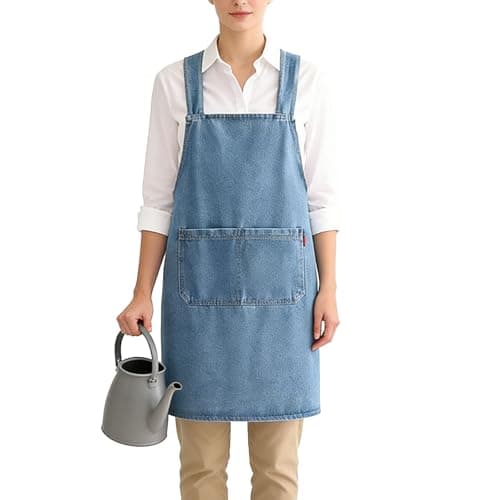 Image of ZUIMEIHQH Denim Apron, Blue Cross Back Ladies Cooking Apron with Pockets, Personalised Adult Apron for Gardening Cooking Kitchens (Light Blue)