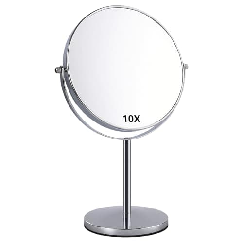 Image of ANGNYA Makeup Mirror Double Sided Vanity Mirror 20 cm（8-Inch）, 1X and 10X Magnifying Mirror Round Freestanding Shaving Mirrors for Bedroom, 360 Degree Swivel with Stainless Steel Frame