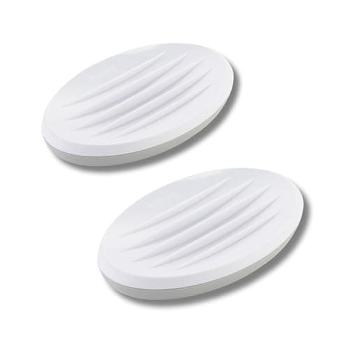 Image of Minky Bathroom Soap Dish, Hand Soap Dish With Raised Ridges, Oval Shaped Dish For Soap Bar, Stylish & Practical Bathroom Accessory, White & Light Grey, Made in the UK (2)